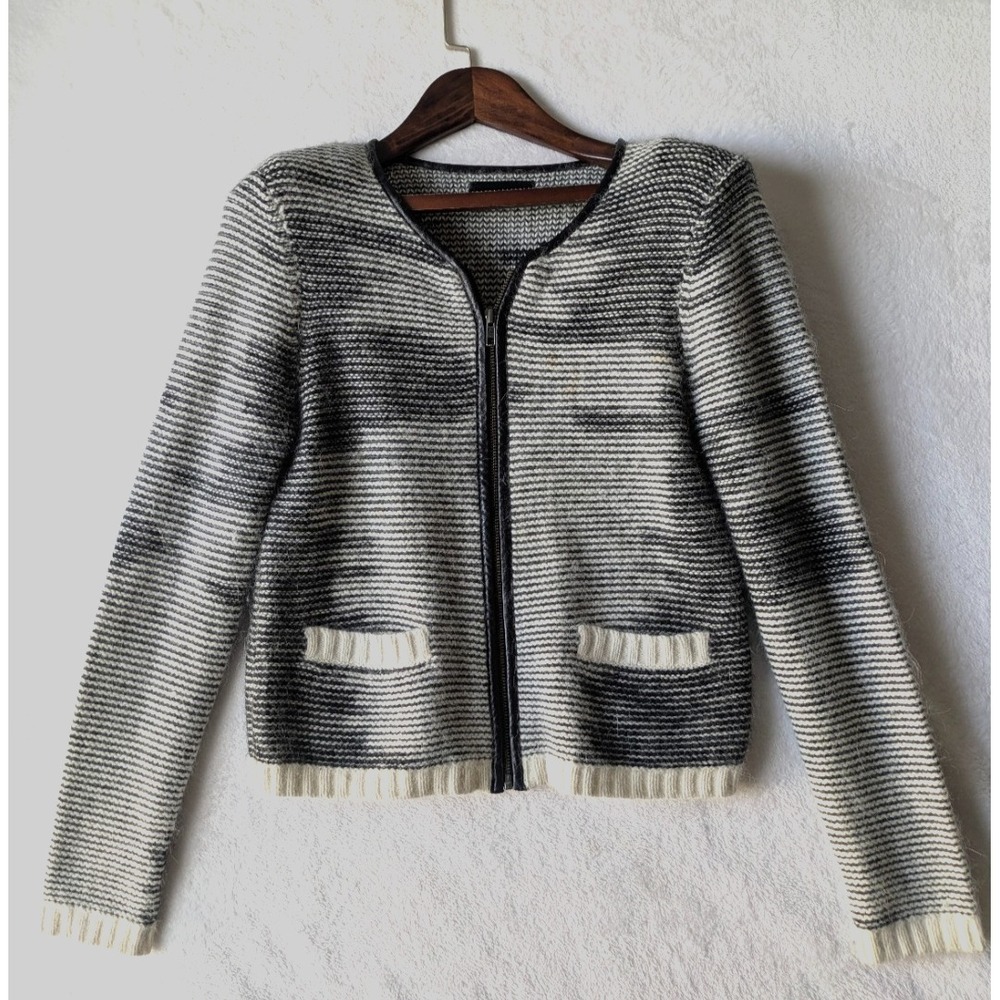 The Kooples Zip Cardigan Sweater Size S Gray Striped Wool Blend Fuzzt Knit Soft
